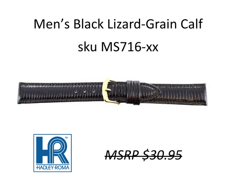MS716 Italian Leather Lizard Grain Watch Strap - 16mm - Black