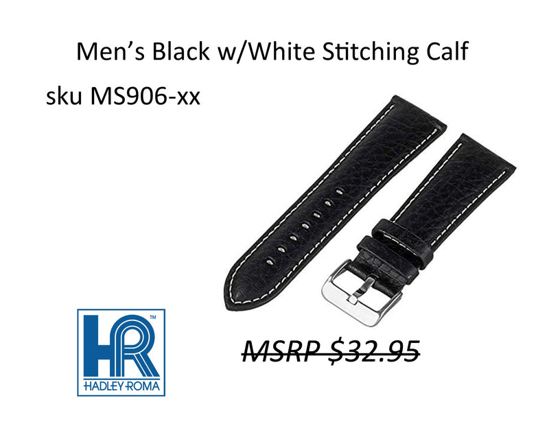 MS906 Contrast Stitching Leather Watch Strap - 18mm - Black