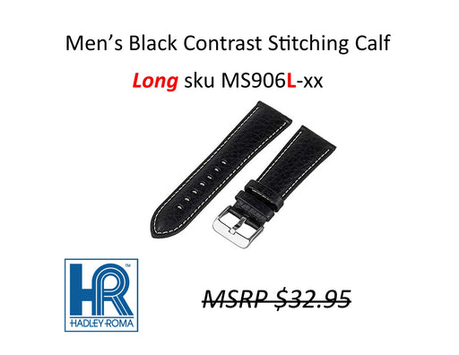 MS906L Contrast Stitching Leather Watch Strap LONG - 22mm - Black